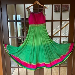 Stunning parrot green and hot pink color Anarkali dress !
